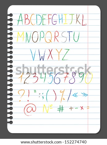 Vector varicolored alphabet on the notebook page. The letters are drawn with colored pencils