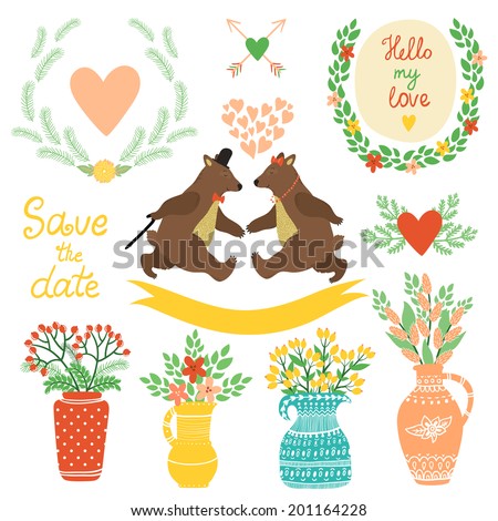 Vector set of cute hand drawing elements wreathes hearts flowers vases with bouquets heart with arrows ribbon couple of dancing bears Bright floral decor elements Vector set of cute hand drawing elements wreathes hearts flowers vases with bouquets heart with arrows ribbon couple of dancing bears Bright floral decor elements