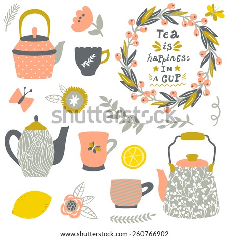 cup teapots is text vector  lemon and vector cups vector stock tea  tea free flowers vintage tea set