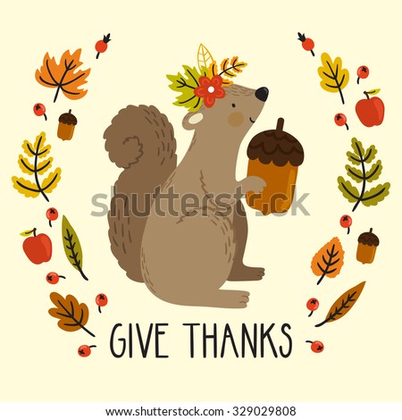 Holiday card with squirrel, acorn, autumn leaves and text 