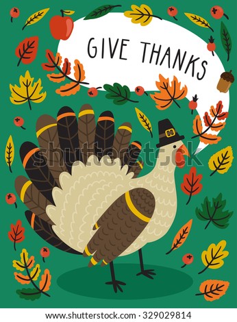 Holiday card with turkey in pilgrim hat, autumn leaves and text \