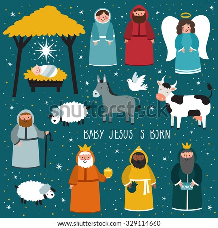 Nativity scene. Vector set of cute people, animals. Holiday background with text 