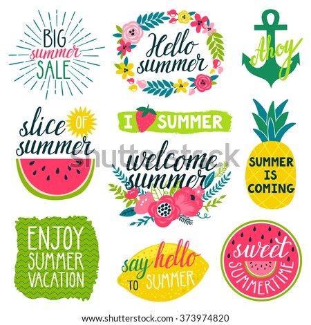 Vector set of beautiful labels with hand written phrases about summer, flowers, frames, wreathes, pineapple, slice of water melon, lemon, bright brush strokes. All elements are isolated on white.