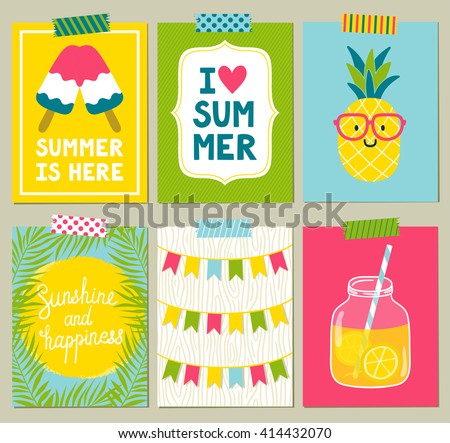 Vector set of bright summer cards. Beautiful summer posters with pineapple, lemonade, ice cream, sun, palm leaves, phrases \