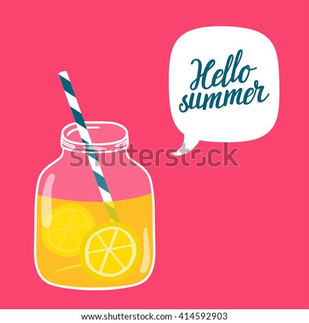Bright summer vector background with glass jar with lemonade, speech bubble and hand written text \