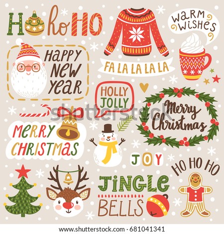 Vector set of holiday labels with hand written phrases about Christmas season and New Year. Winter collection with Santa Claus, reindeer, snowman.