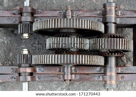Reducer gearbox gears sectional closeup view from above