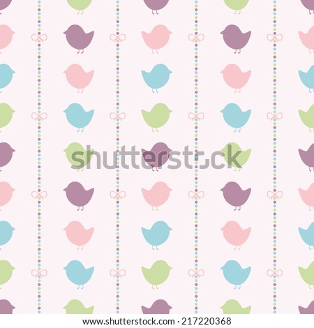 Seamless vector pattern with bows on a colorful strips background and colorful birds. For cards, invitations, wedding or baby shower albums, backgrounds, arts and scrapbooks.
