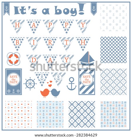 Birthday card in a marine style Baby boy arrival card Baby shower card Sea theme garland Set of sea objects Seven seamless patterns Vector illustration Birthday card in a marine style Baby boy arrival card Baby shower card Sea theme garland Set of sea objects Seven seamless patterns Vector illustration