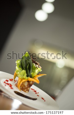 Modern deli artistic salad gourmet in fancy restaurant lights int he background