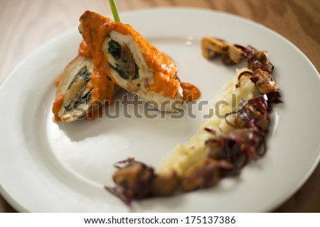 Chicken roll stuffed with spinach and melted cheese. Mashed potatoes with mushrooms at the side.