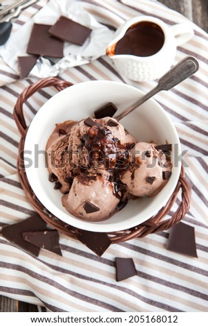 Homemade chocolate ice cream decorated with chocolate sauce