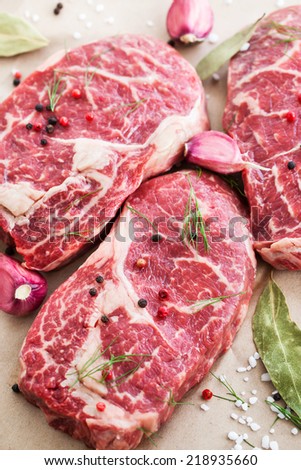 Raw beef ribeye steak on a baking paper, ready to cook