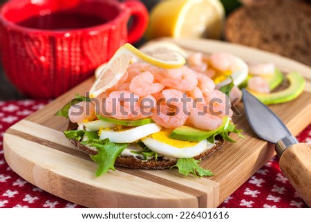 Fresh sandwich with shrimp and egg in Swedish style