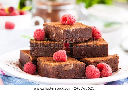 Homemade chocolate brownies decorated with fresh raspberry