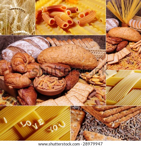 Beautiful bread and pasta collage made from seven photographs