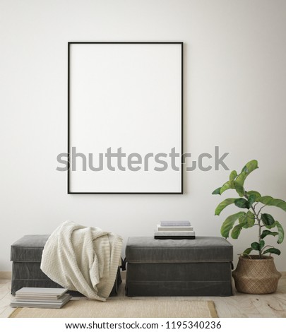 mock up poster frame in modern interior background, bohemian living room, Scandinavian style, 3D render, 3D illustration