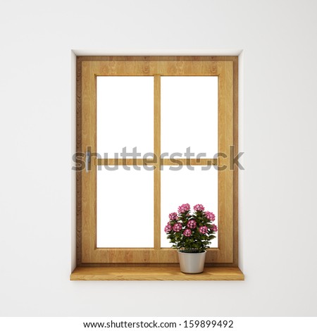 wooden window frame with flowerpot on the white wall, background