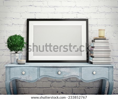 mock up poster frame with on vintage chest of drawers, hipster interior background, 3D render