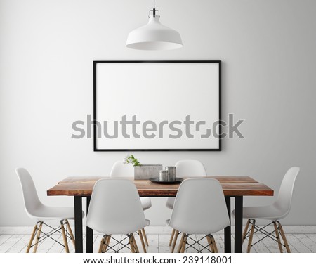 mock up poster frame in white scandinavian dining room, interior background, 3D render