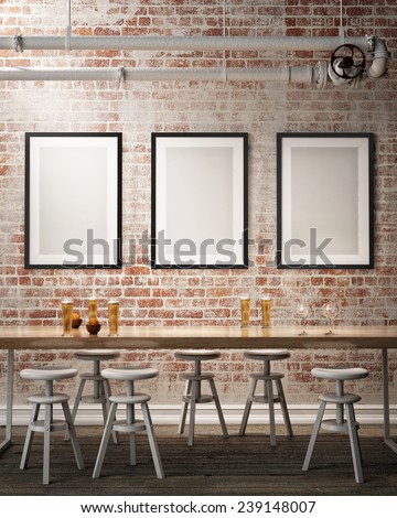 mock up poster frames on the wall of retro hipster cafe restaurant, interior background, 3D render