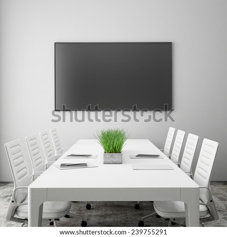 mock up tv screen in meeting room with conference table, interior background, 3D render