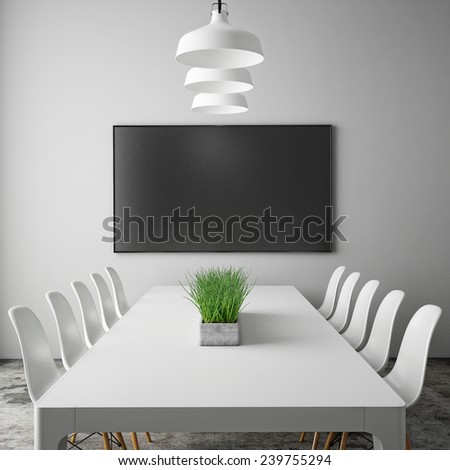 mock up tv screen in meeting room with conference table, hipster interior background, 3D render