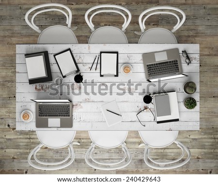 mock up meeting conference table with office accessories and laptop computers, hipster interior background, 3D render
