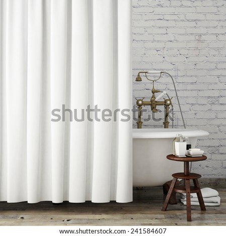 mock up vintage hipster bathroom with white curtains, interior background, 3D render