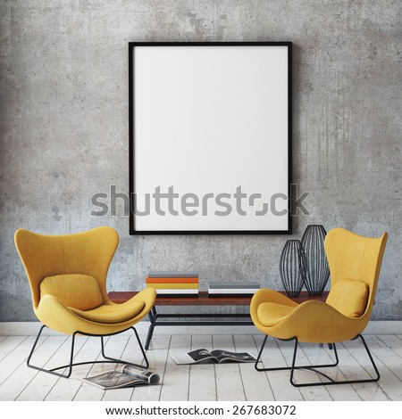 mock up poster frame in hipster interior background, 3D render