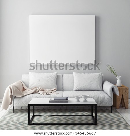 mock up blank poster on the wall of livingroom, 3D render