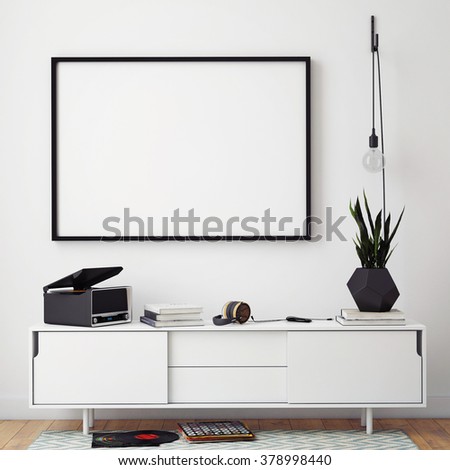 mock up poster frame with on retro chest of drawers, hipster interior background, 3D render