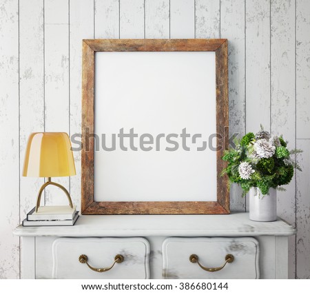 mock up poster frame with on retro chest of drawers, hipster interior background, 3D render