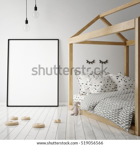 mock up poster frame in children room, scandinavian style interior background, 3D render, 3D illustration