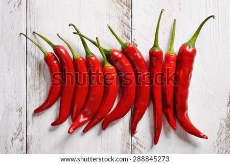 Red chili peppers on a wooden table with a spoon and fork spices white background