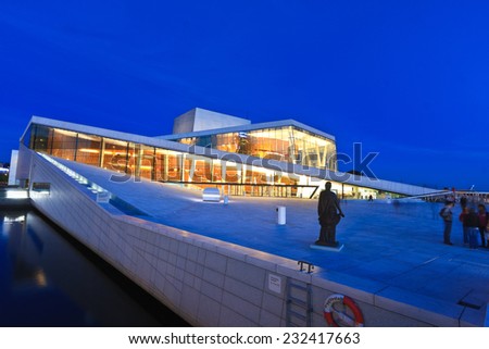 OSLO, NORWAY - AUGUST 12 2011: People are walking around and on the Oslo opera house roof in the summer evening after the sunset, Norway