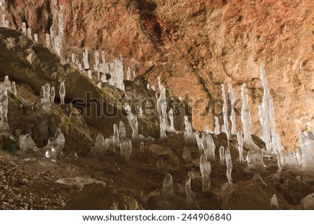 Ice stalagmites in Potocka Zijalka cave at 1700m above sea level on the Olseva mountain, Slovenia