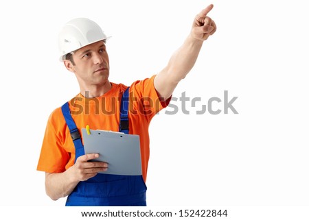 Builder in helmets on a white background
