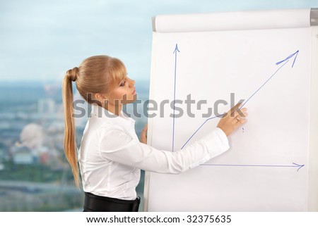 The business woman at office draws the schedule on a board