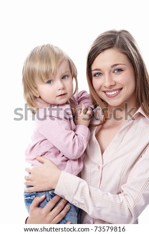 Young mother with her ??daughter in her arms on a white background