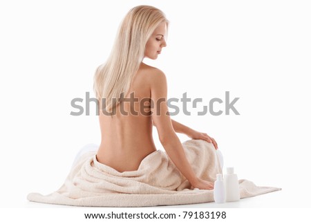 stock photo Naked young girl on a white background