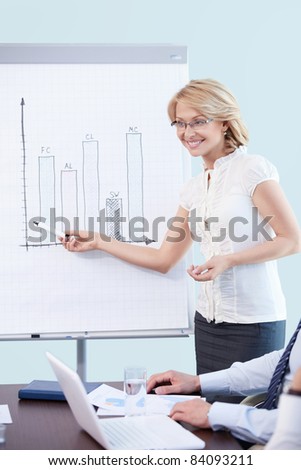 Attractive woman shows a graph of the office