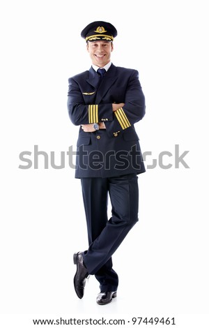 A man dressed as a pilot on a white background