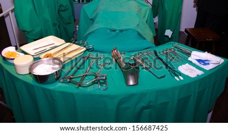 Surgeon and old surgical tools.(simulation)
