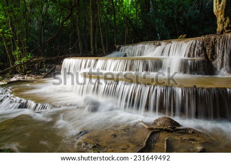 Waterfall in deep rain forest jungle (Huay Mae Kamin Waterfall in Kanchanaburi Province, Thailand)
