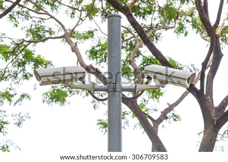 Security CCTV camera and urban video at public park.