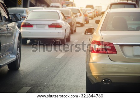 traffic jam with rows of cars during rush hour on road.