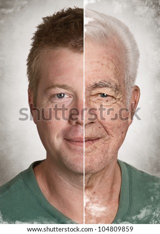 Young man old face life aging concept