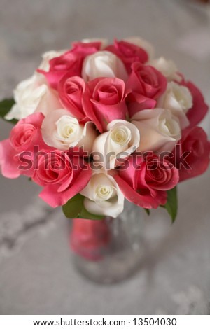 stock photo Closeup of bridal wedding bouquet of pink and white roses