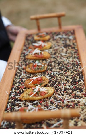 Hors d\'oeuvres being served at formal party, DOF focus on cracker
